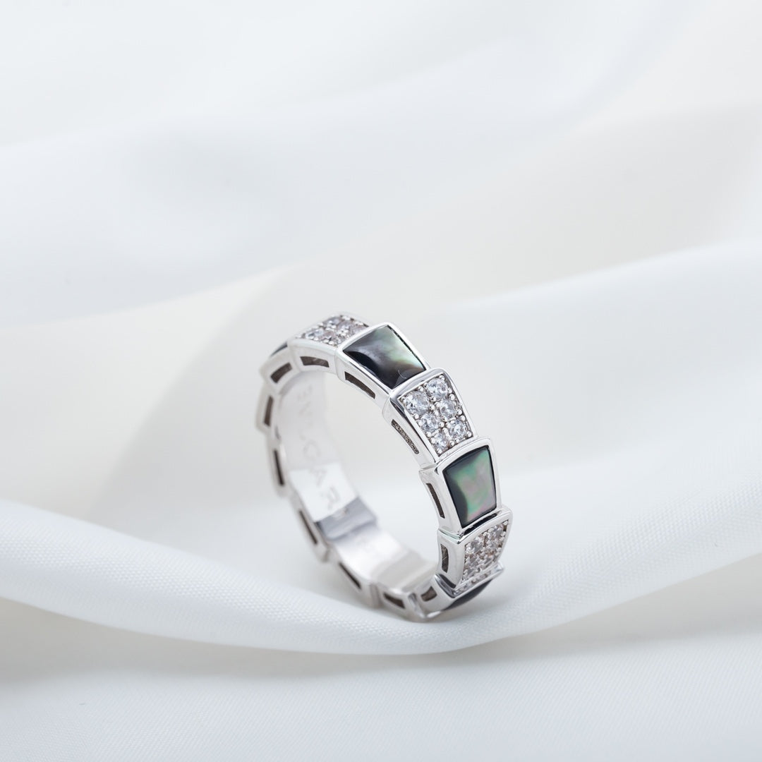 [Glow Muse]ANILLO SERPENTI PLATA DIAMANTE MADREPERLA NEGRA 4MM