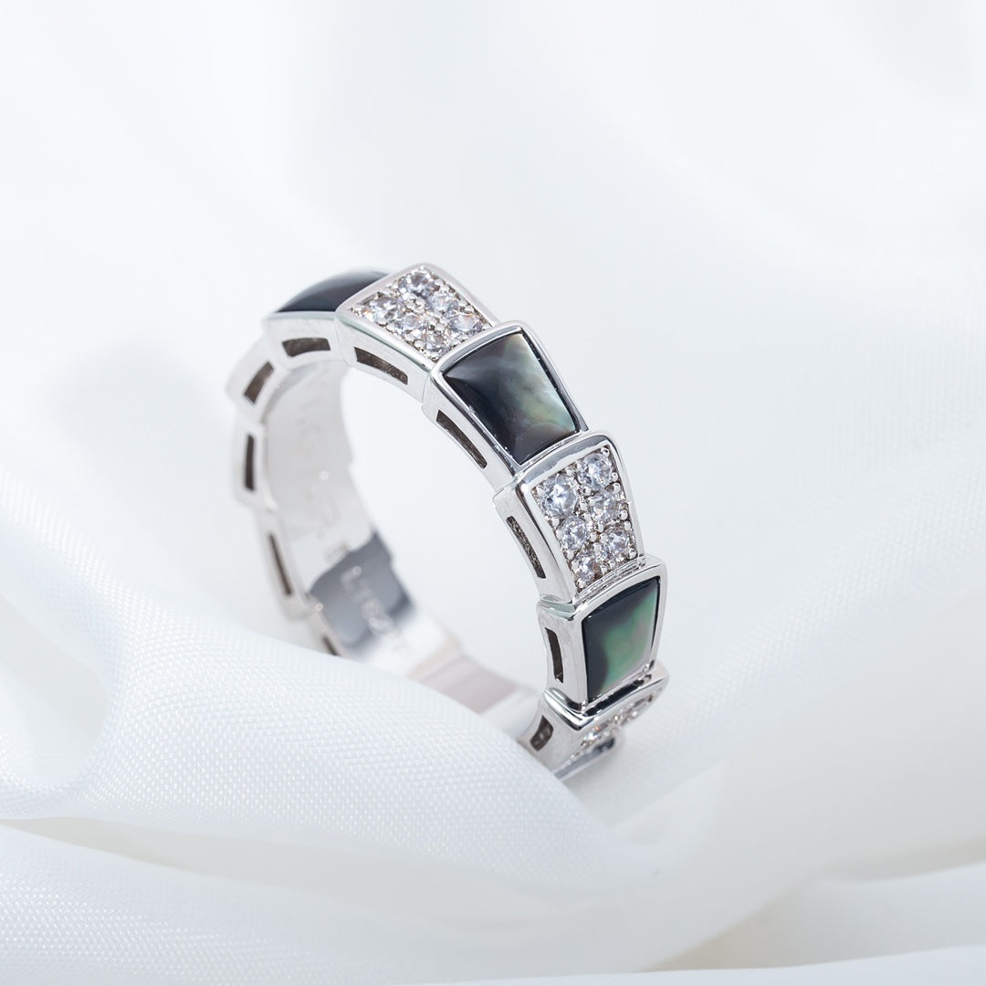 [Glow Muse]ANILLO SERPENTI PLATA DIAMANTE MADREPERLA NEGRA 4MM