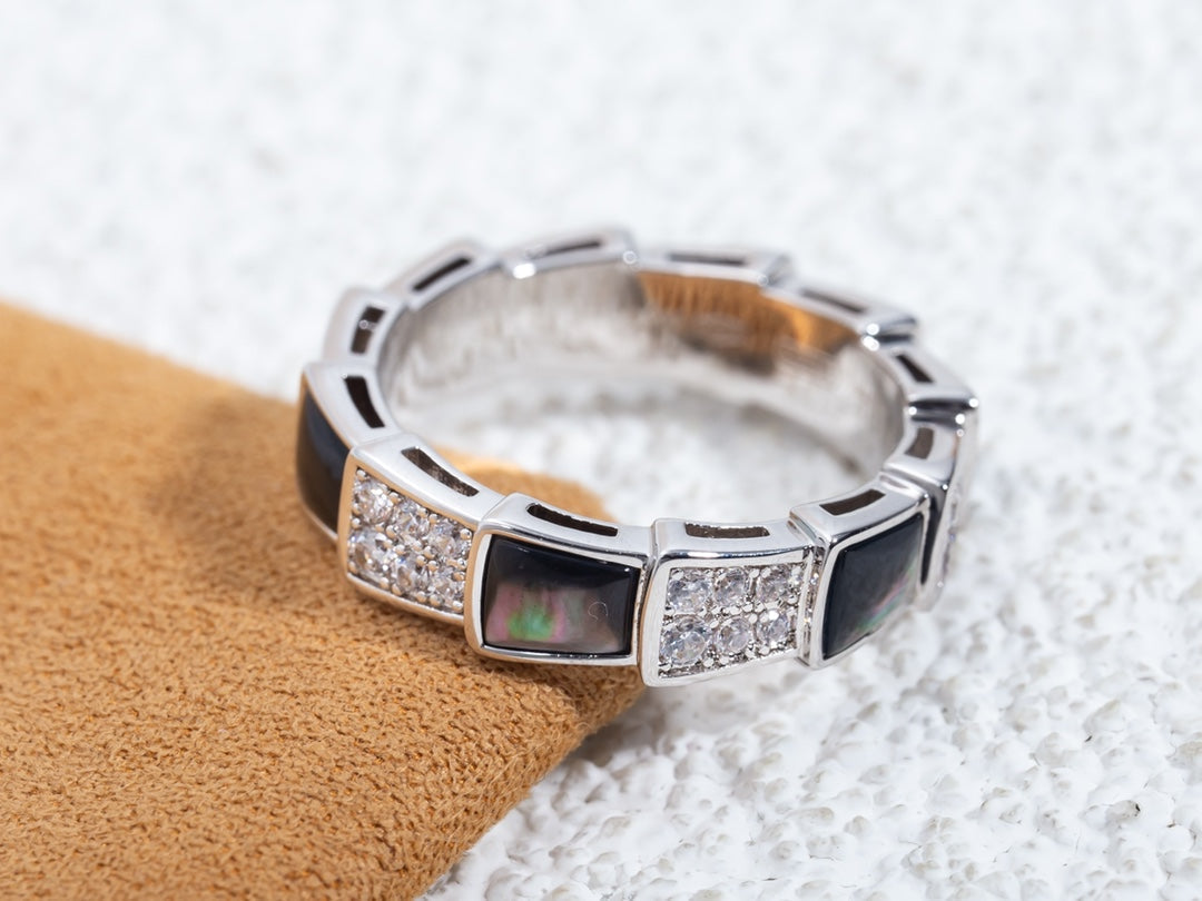 [Glow Muse]ANILLO SERPENTI PLATA DIAMANTE MADREPERLA NEGRA 4MM