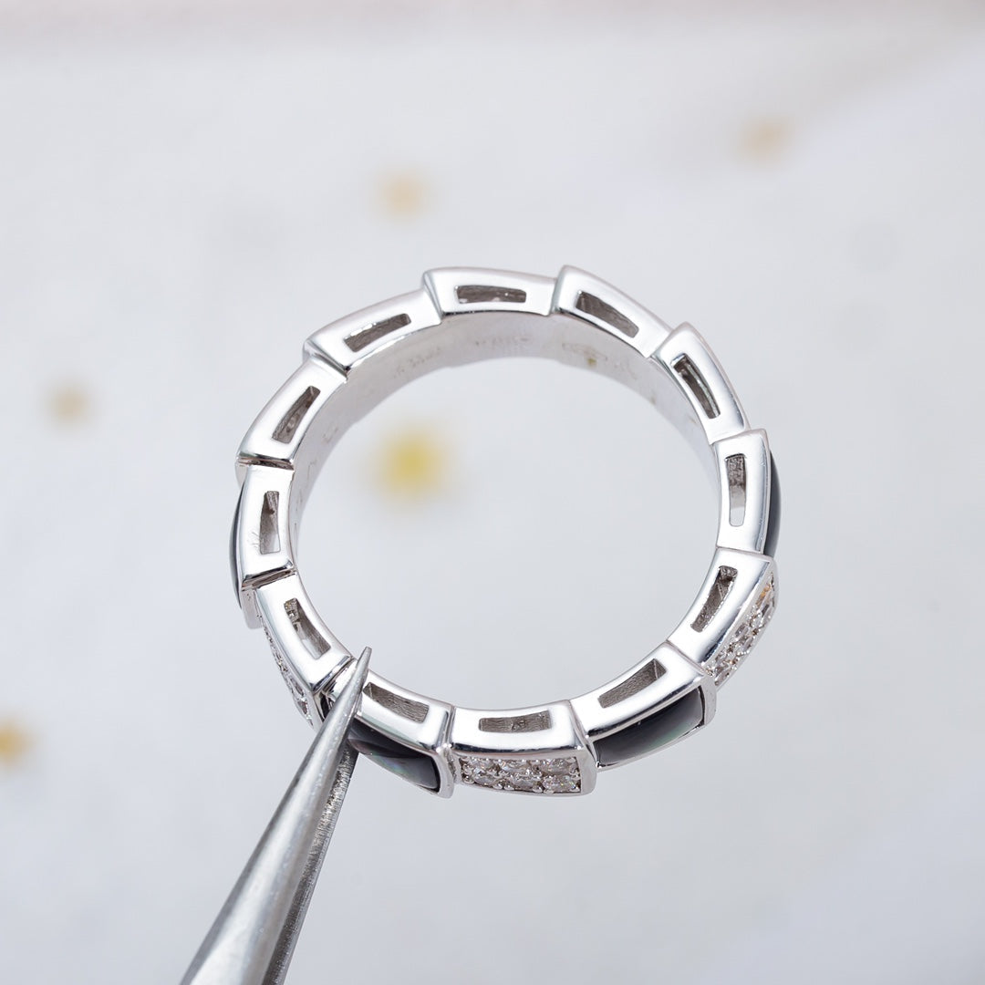 [Glow Muse]ANILLO SERPENTI PLATA DIAMANTE MADREPERLA NEGRA 4MM