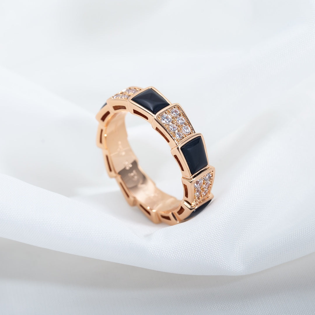 [Glow Muse]ANILLO SERPENTI ORO ROSA NÁCAR NEGRO DIAMANTES PAVÉ 4MM