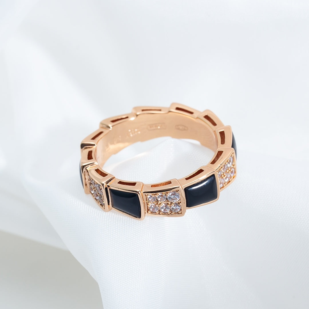 [Glow Muse]ANILLO SERPENTI ORO ROSA NÁCAR NEGRO DIAMANTES PAVÉ 4MM