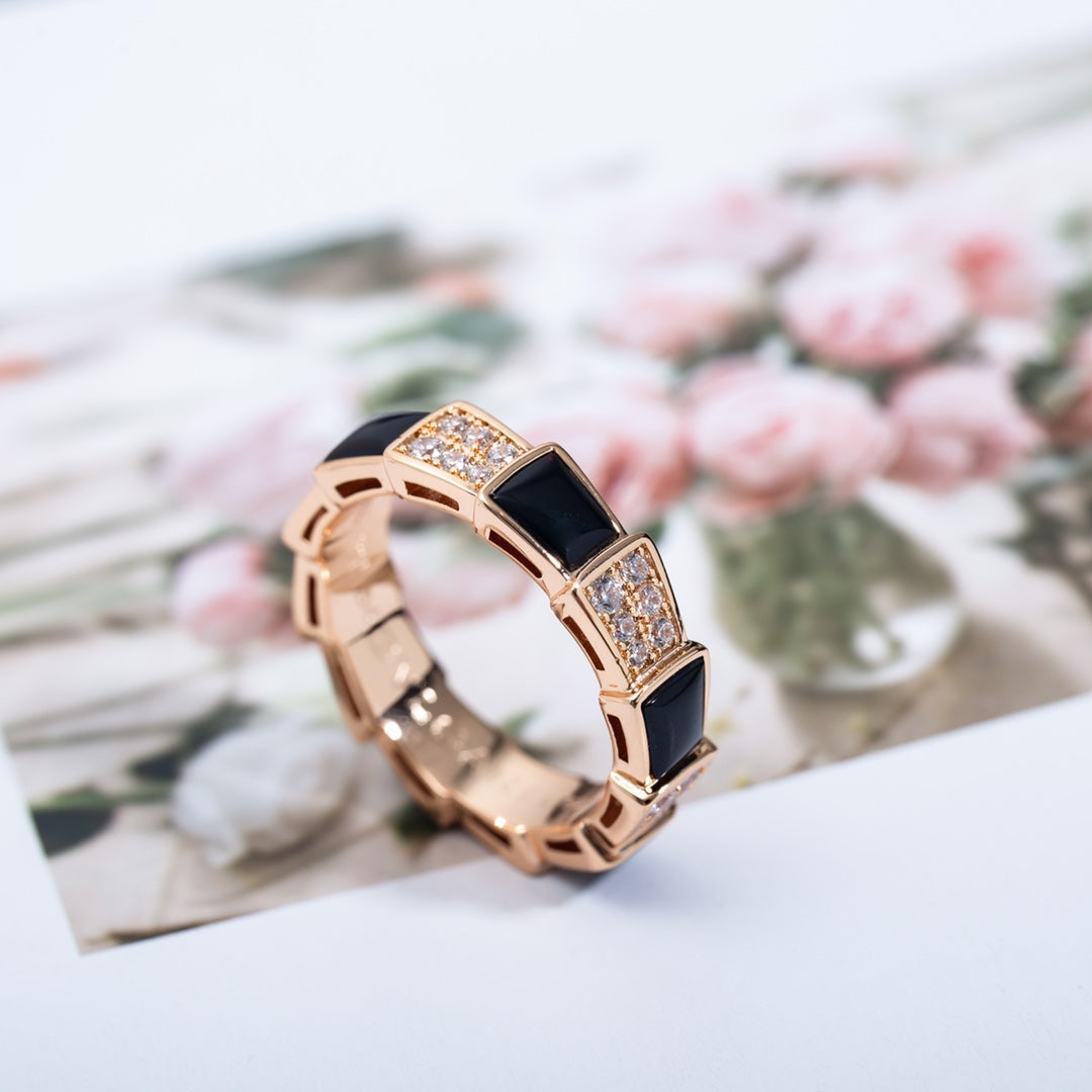 [Glow Muse]ANILLO SERPENTI ORO ROSA NÁCAR NEGRO DIAMANTES PAVÉ 4MM