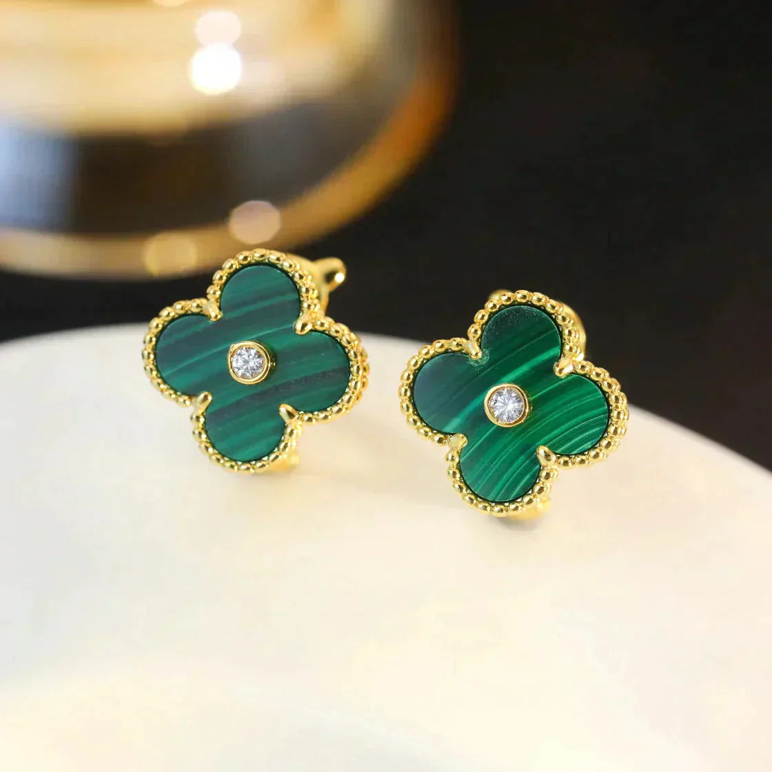 [Glow Muse]PENDIENTES CLOVER MEDIUM 1 MOTIVOS MALAQUITA DIAMANTE