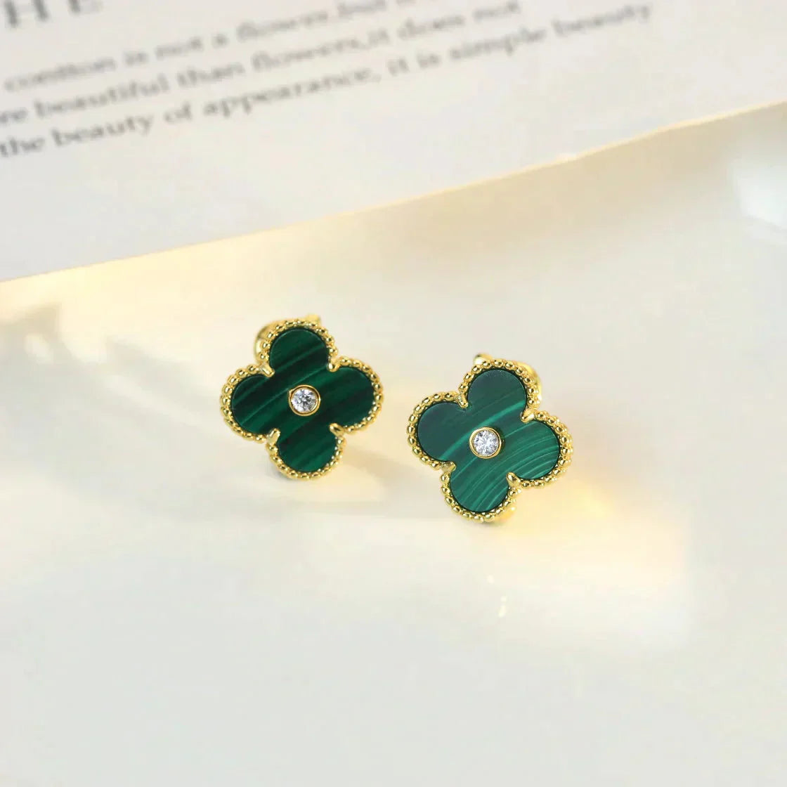 [Glow Muse]PENDIENTES CLOVER MEDIUM 1 MOTIVOS MALAQUITA DIAMANTE