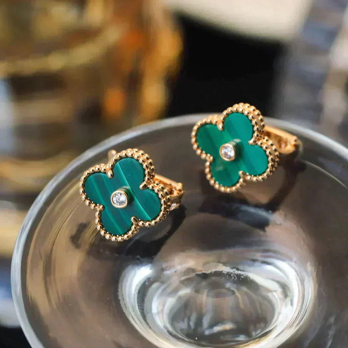 [Glow Muse]PENDIENTES CLOVER MEDIUM 1 MOTIVOS MALAQUITA DIAMANTE