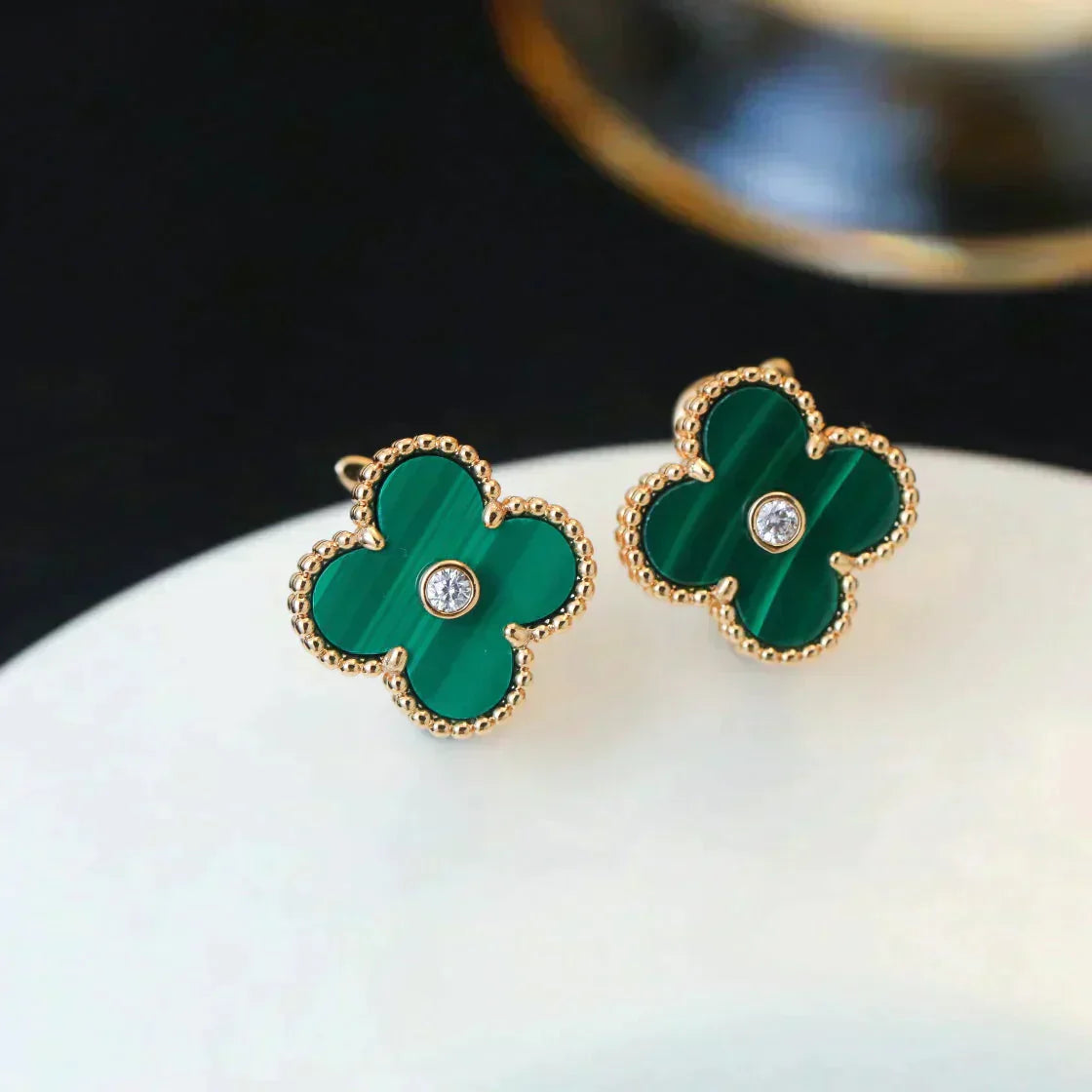 [Glow Muse]PENDIENTES CLOVER MEDIUM 1 MOTIVOS MALAQUITA DIAMANTE