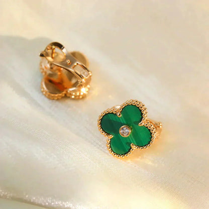 [Glow Muse]PENDIENTES CLOVER MEDIUM 1 MOTIVOS MALAQUITA DIAMANTE