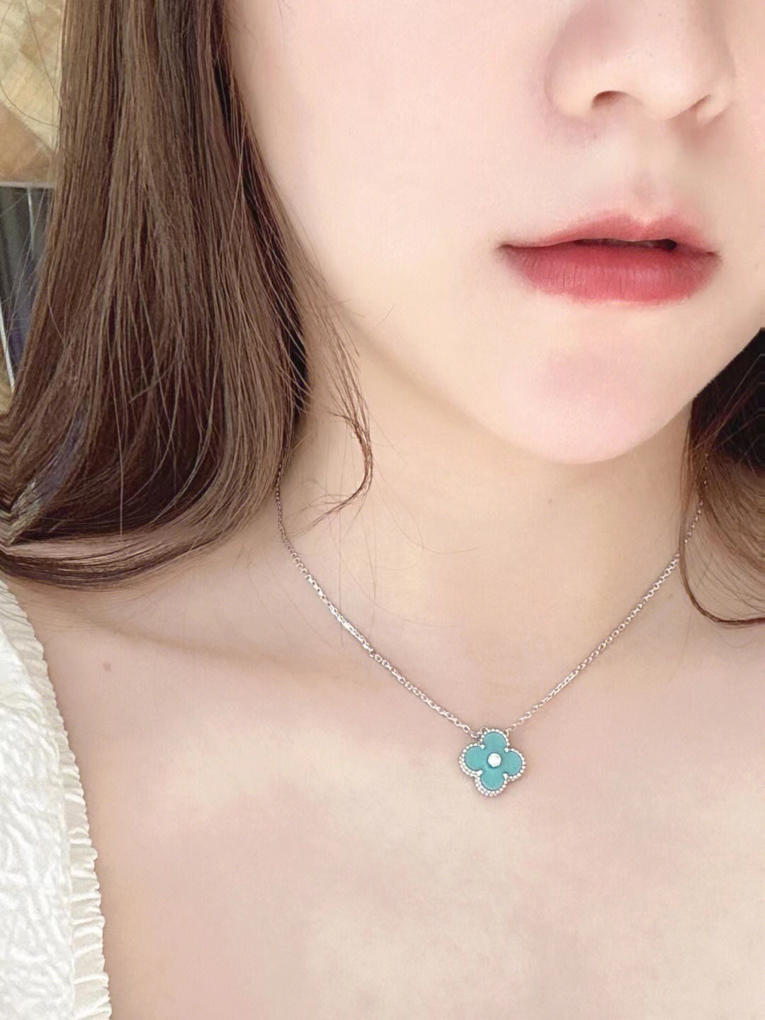 [Glow Muse]COLLAR PLATA CLOVER 1 DIAMANTE AZUL CLARO