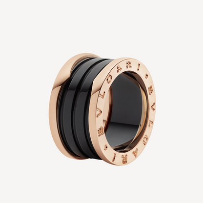[Glow Muse] CERO 1 CUATRO ANILLOS Y ESPIRAL DE CERÁMICA NEGRA ANILLO DE ORO ROSA