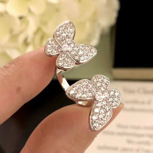 [Glow Muse] ANILLO DOBLE DE MARIPOSA DE PLATA CON DIAMANTES
