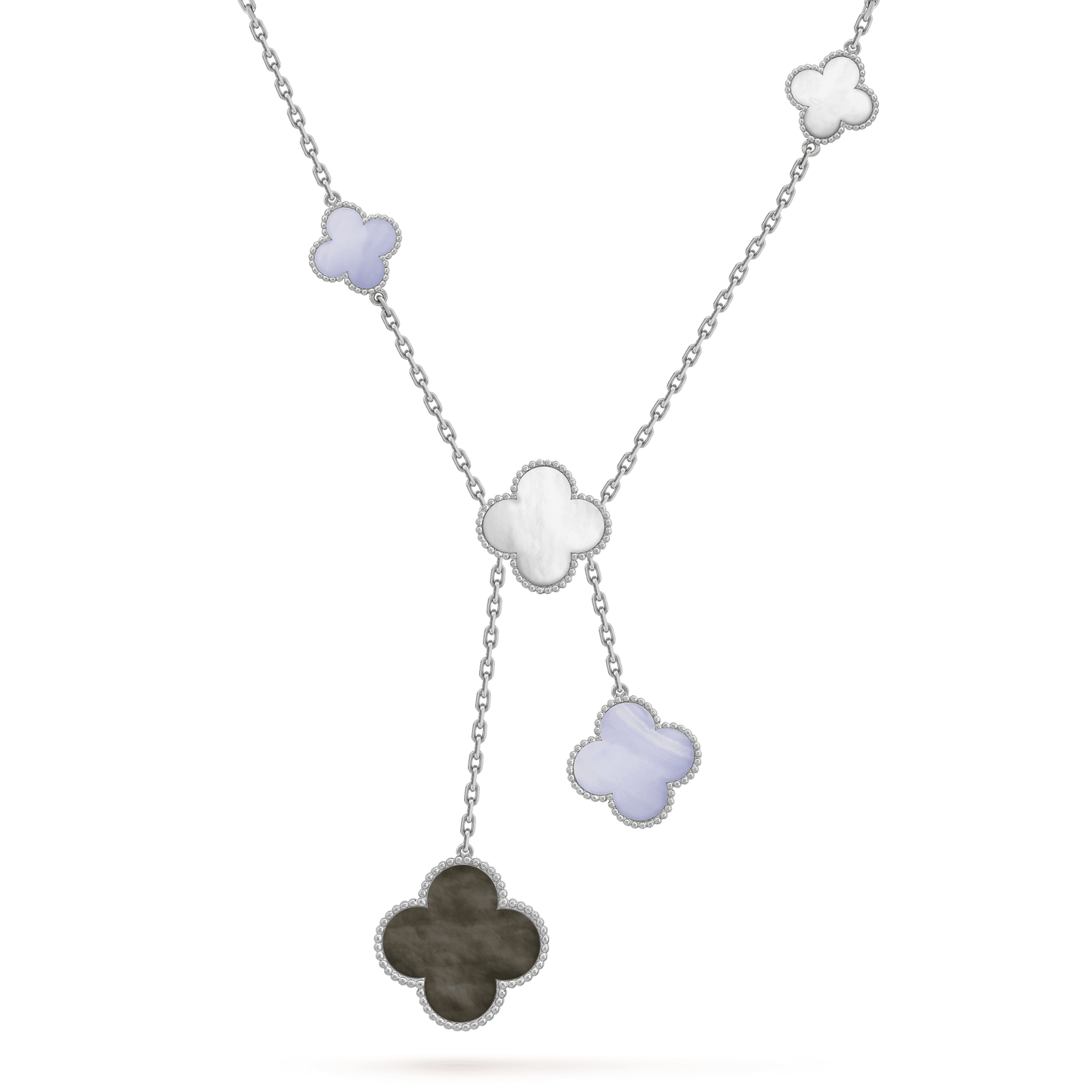 [Glow Muse] قلادة فضية من العقيق الأبيض بتصميم البرسيم من CLOVER MOP CHALCEDONY بـ 6 حُلي