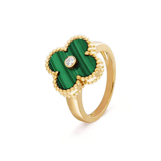 [Glow Muse]ANILLO DE TRÉBOL DE MALAQUITA CON ORO Y DIAMANTES